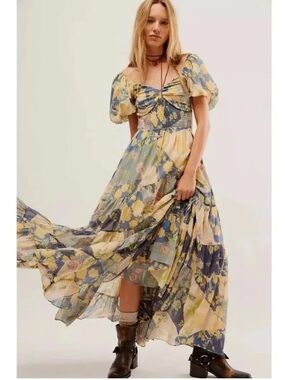 Free People Sundrenched Short-Sleeve Maxi Dress Blue Yellow Floral Patchwork